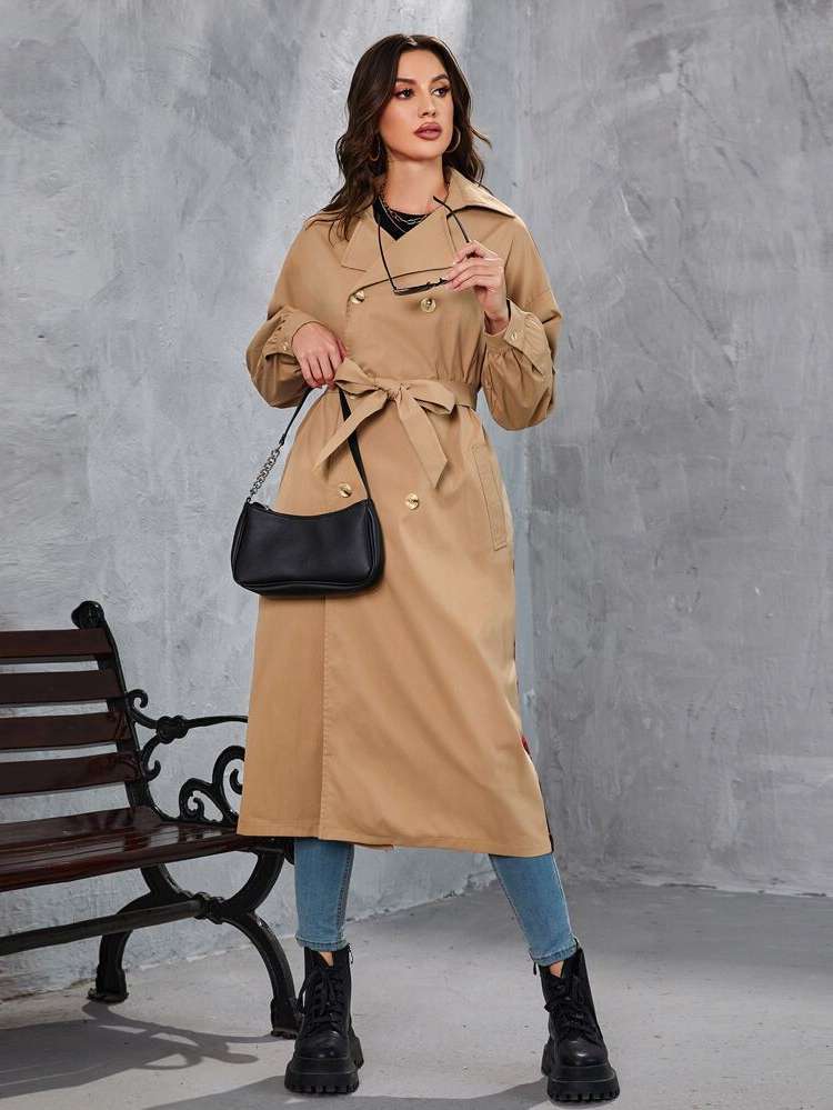 Button Lapel Oversized Long Women Trench Coats 844