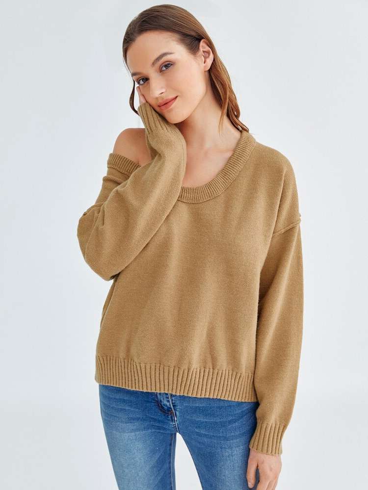 Casual Scoop Neck Camel Women Sweaters 606