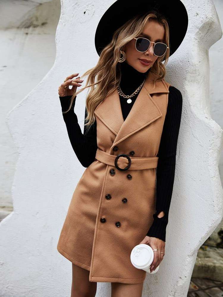 Lapel Plain Short Women Overcoats 886