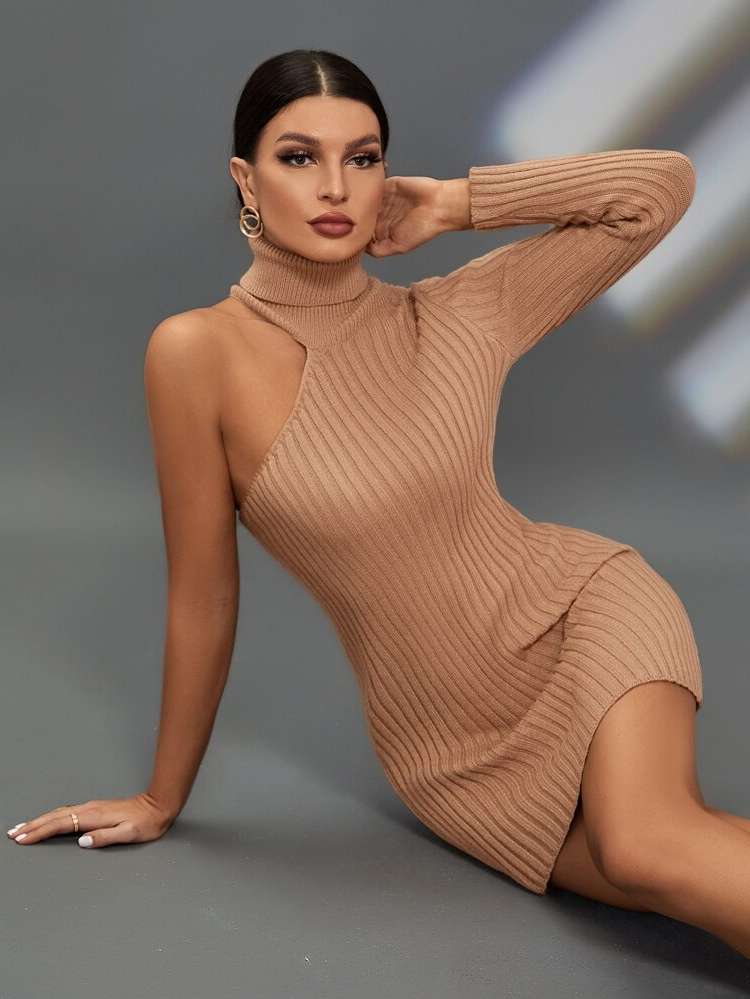 Elegant Slim Fit Plain Long Sleeve Women Sweater Dresses 2164