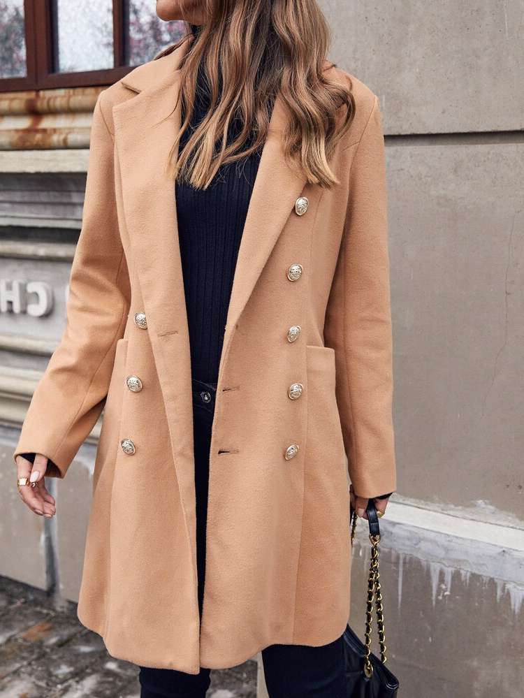 Lapel Button Camel Women Outerwear 381