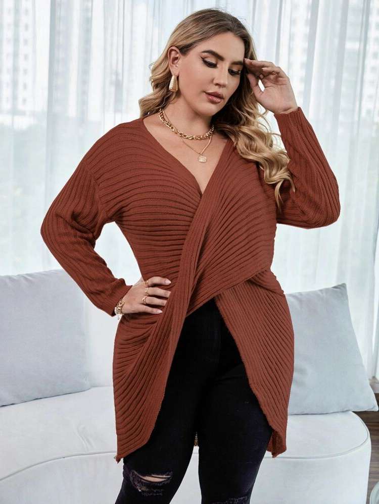 Regular Fit Long Sleeve Long Plain Plus Size Knitwear 337