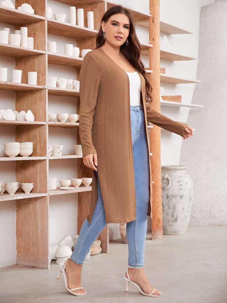 Camel Split Midi Long Sleeve Plus Size Outerwears 2368