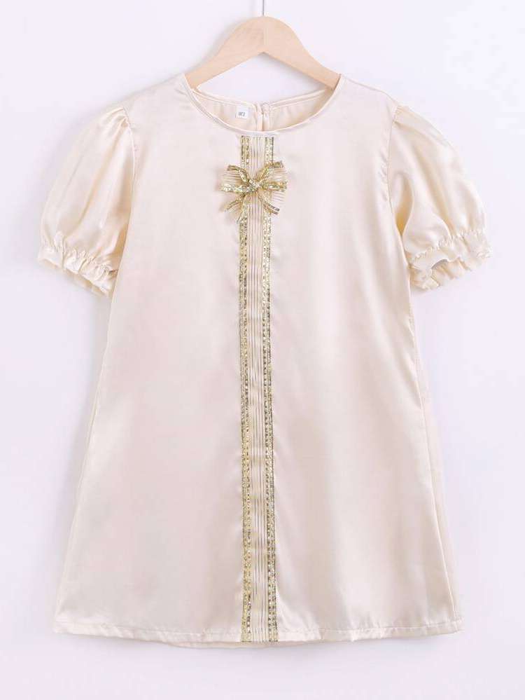  Champagne Regular Fit Round Neck Girls Dresses 8964