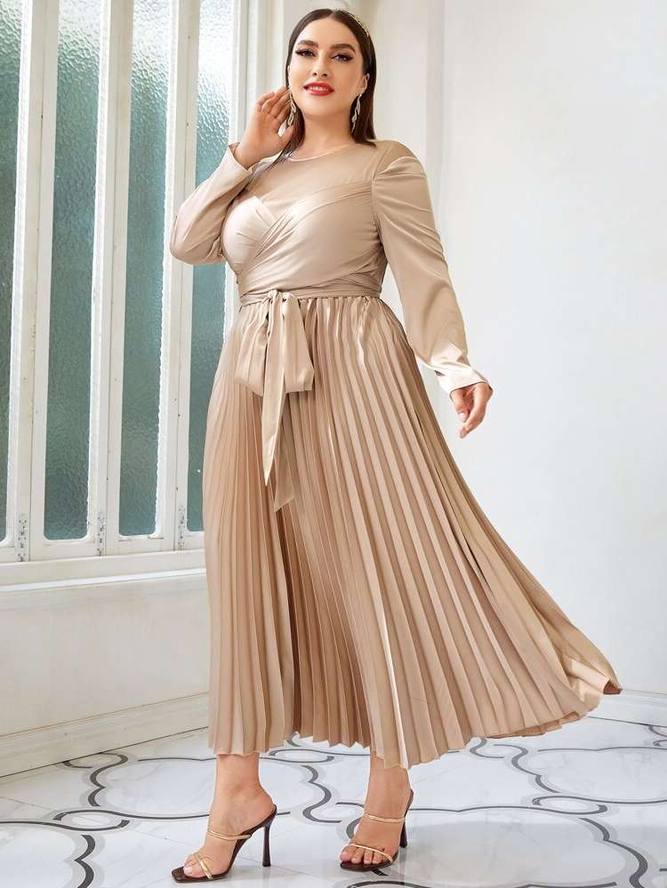 Elegant Round Neck Plain Champagne Women Plus Clothing 523