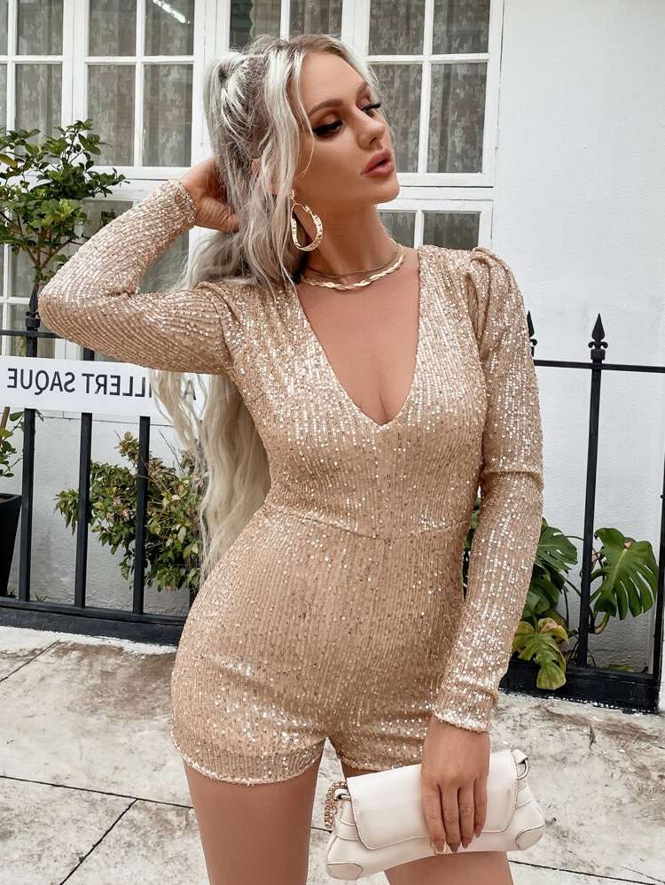 Plain Champagne Zipper Women Jumpsuits  Bodysuits 4513