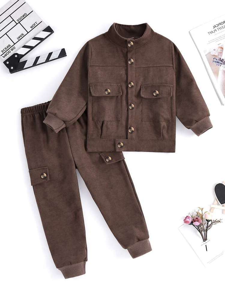  Plain Regular Fit Chocolate Brown Toddler Boy Two-piece Outfits 3193