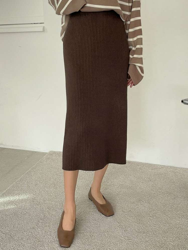  Chocolate Brown Rib-Knit Women Clothing 6967