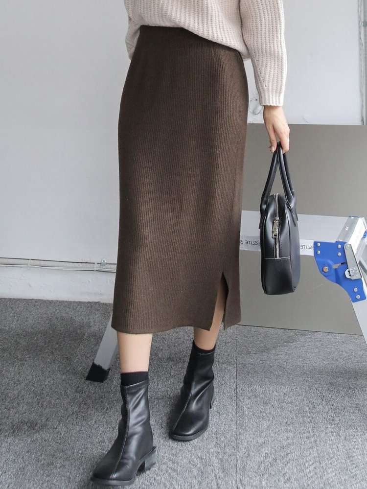 Elegant Chocolate Brown Long Women Knitwear 4606