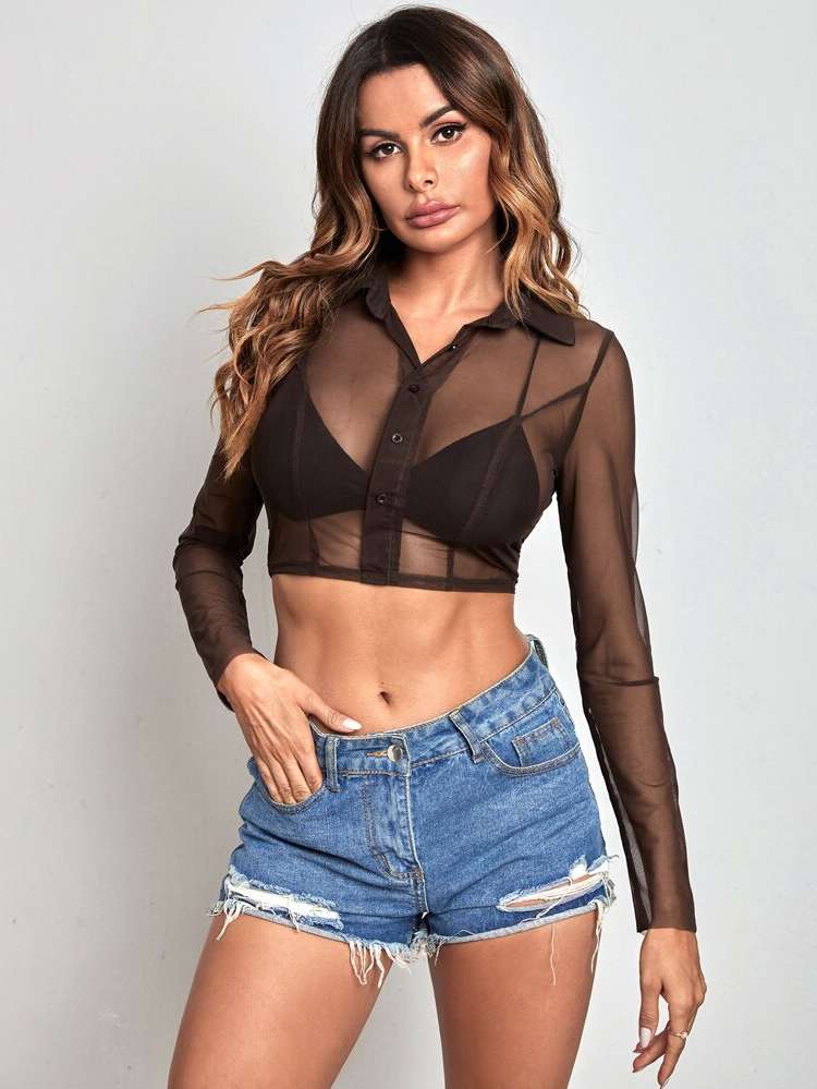  Chocolate Brown Crop Slim Fit Women Tops, Blouses  Tee 9597