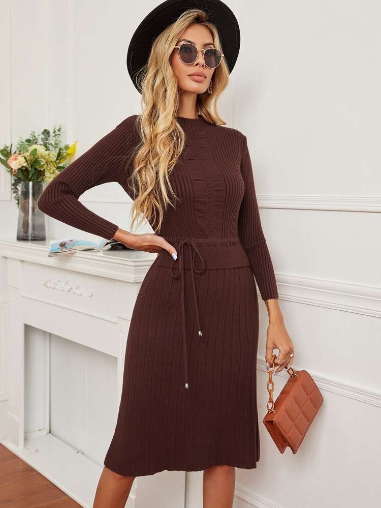  Three Quarter Length Sleeve Drawstring Chocolate Brown Women Knitwear 607