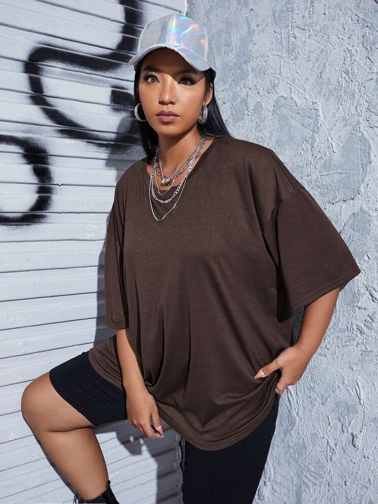 Plain Oversized Chocolate Brown Plus Size Tops 8632