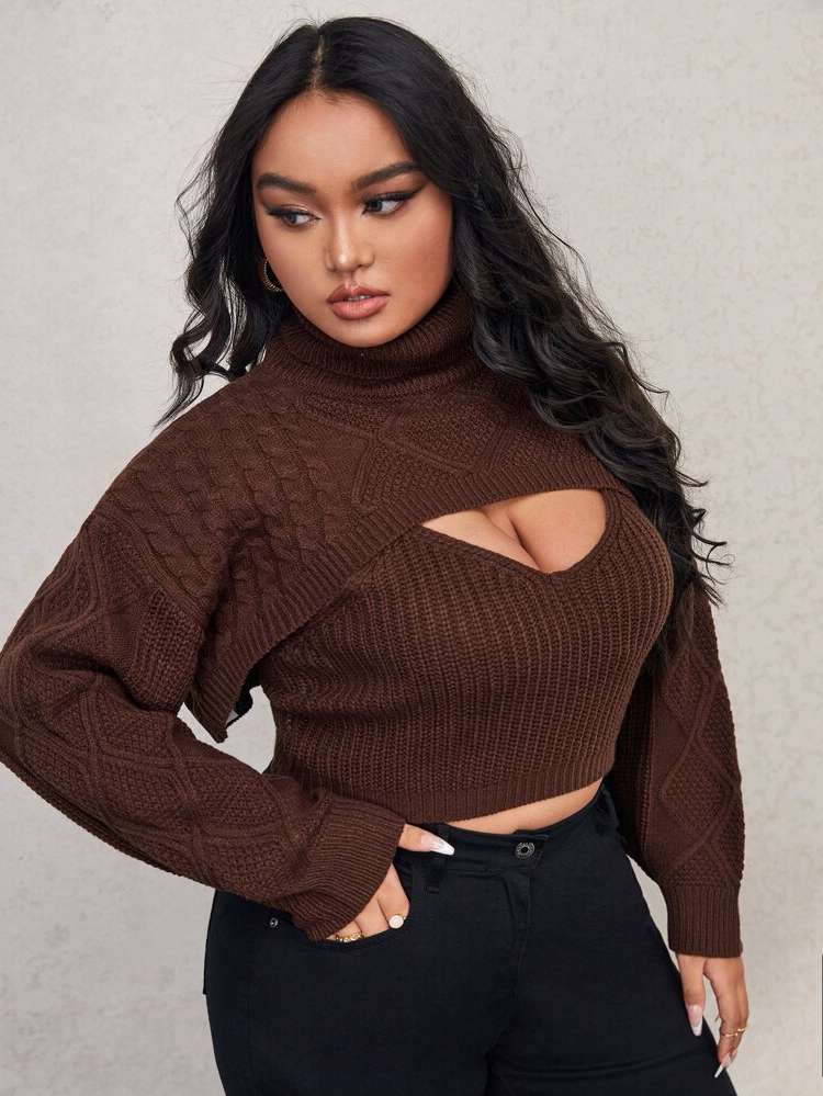 Long Sleeve V neck Chocolate Brown Women Plus Clothing 2340