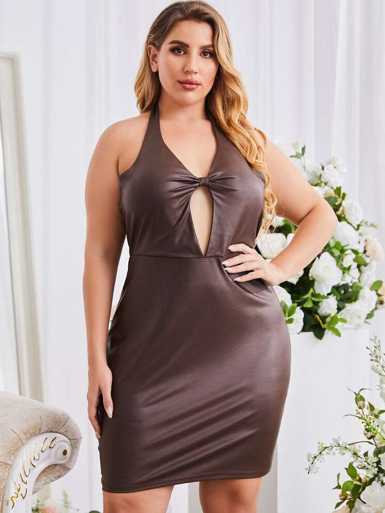  Chocolate Brown Plain Sexy Plus Size Dresses 5503