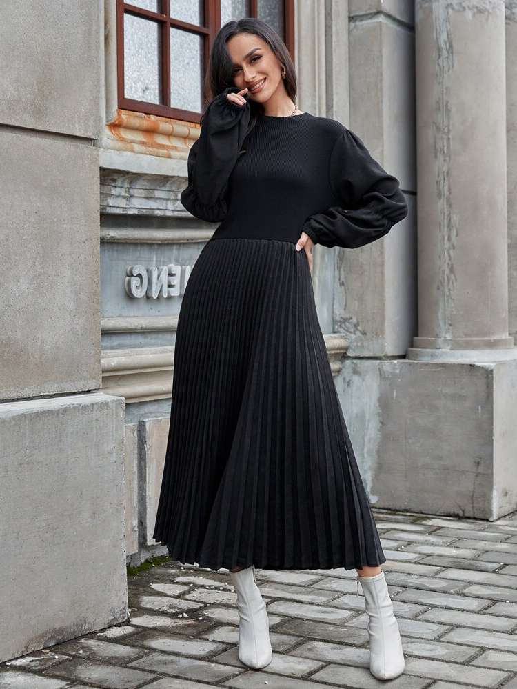 Round Neck Long Long Sleeve Pleated Women Clothing 344