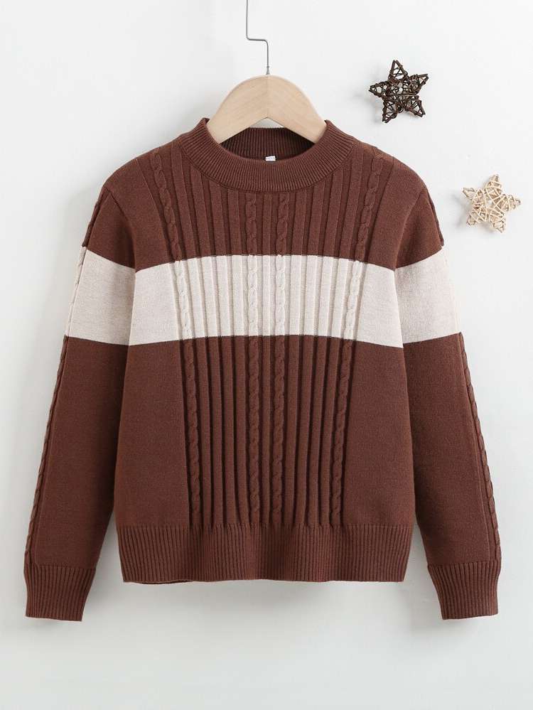 Coffee Brown Long Sleeve Round Neck Regular Kids Clothing 2914