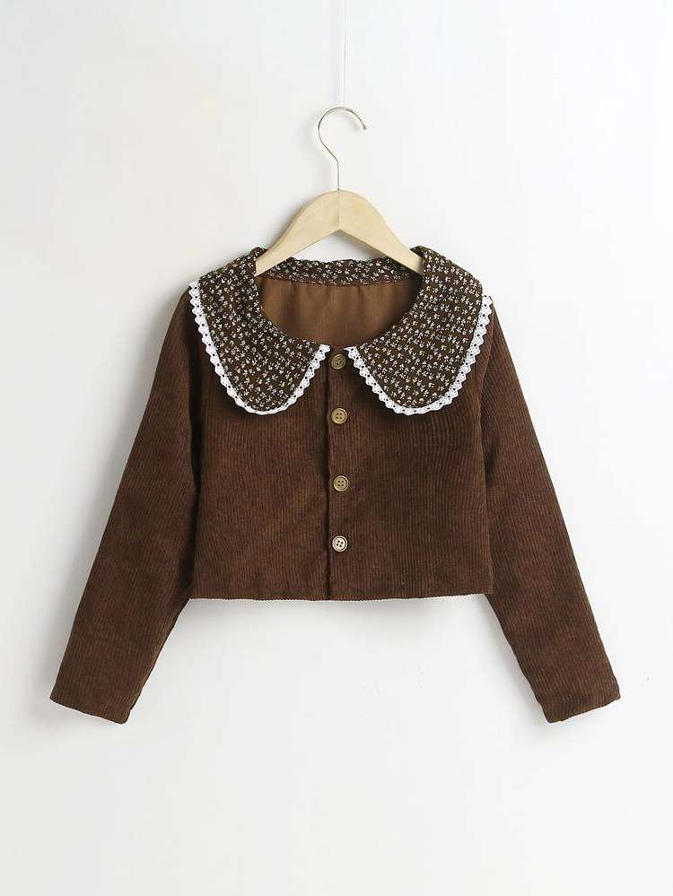 Cute Contrast Lace Coffee Brown Girls Jackets 2181