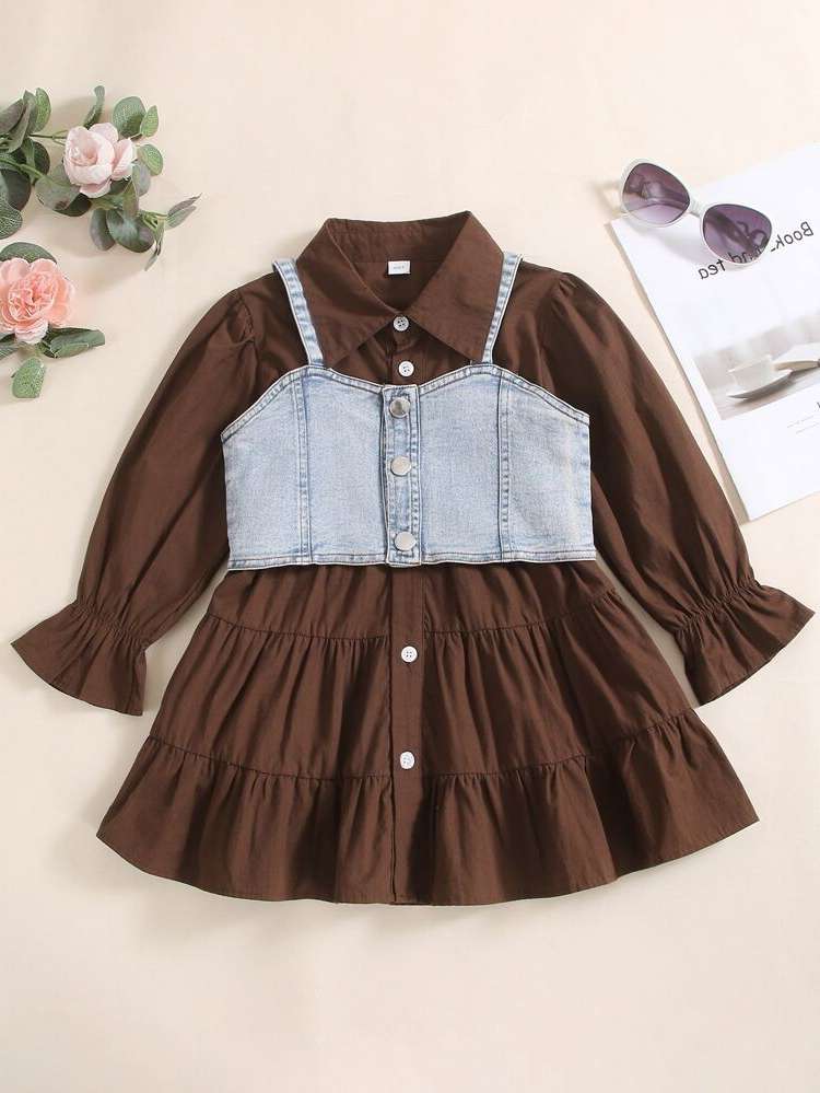 Colorblock Coffee Brown Long Sleeve Toddler Girls Clothing 1553