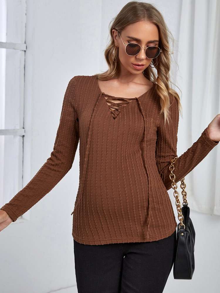 Coffee Brown Regular Fit Casual Long Sleeve Maternity T-shirts 1944