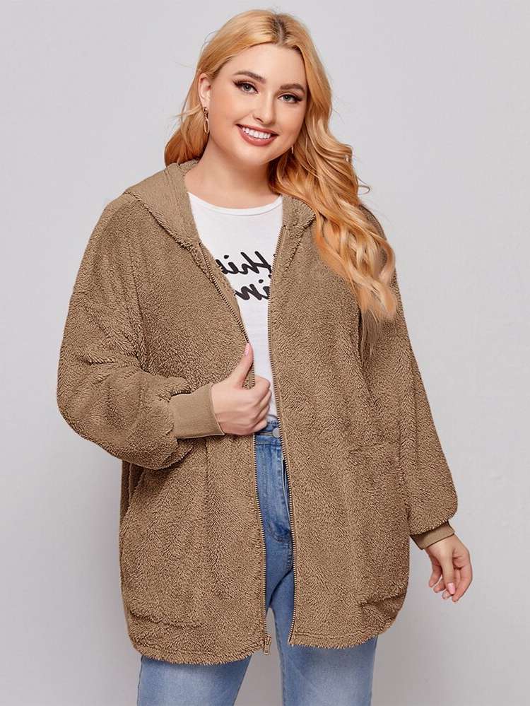 Short Coffee Brown Pocket Plus Size Coats 6728