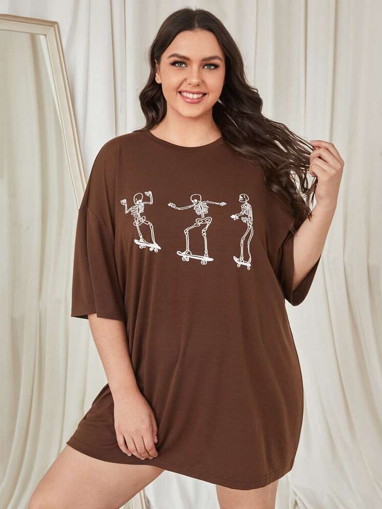  Coffee Brown Casual Plus Size Sleep Tops 8674