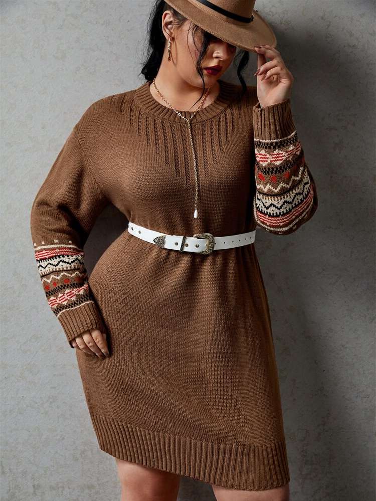 Long Sleeve Coffee Brown Geometric Plus Size Knitwear 115