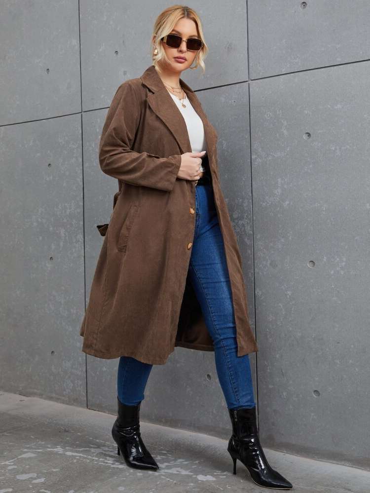 Long Sleeve Coffee Brown Plain Lapel Plus Size Trench Coats 4629