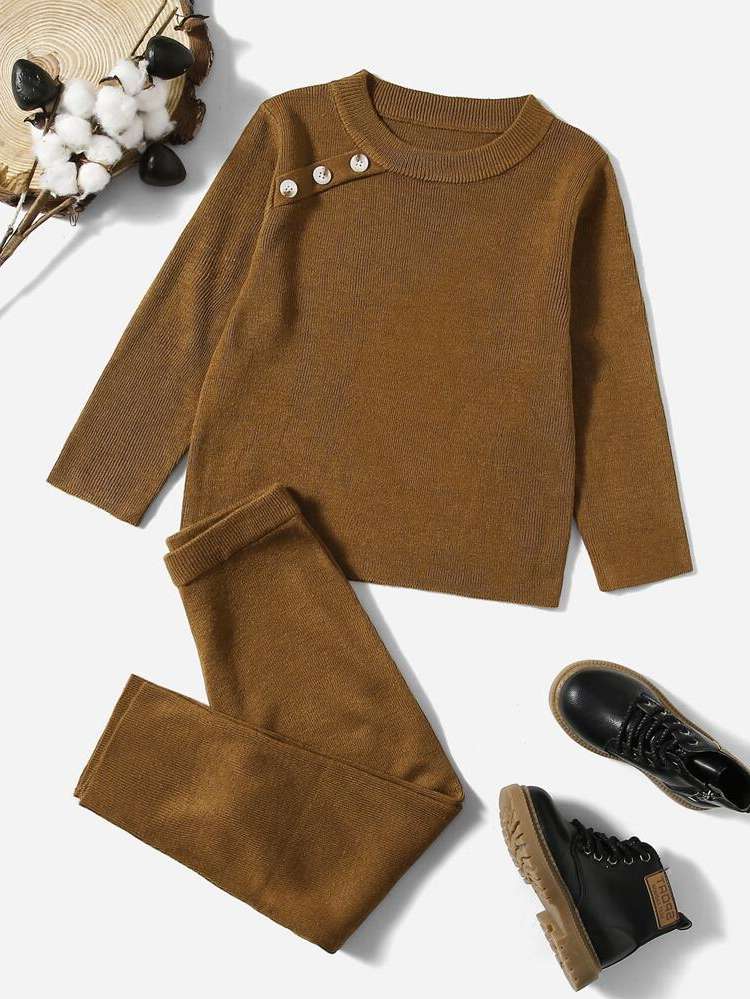 Long Sleeve Round Neck Coffee Brown Button Toddler Girls Clothing 1084