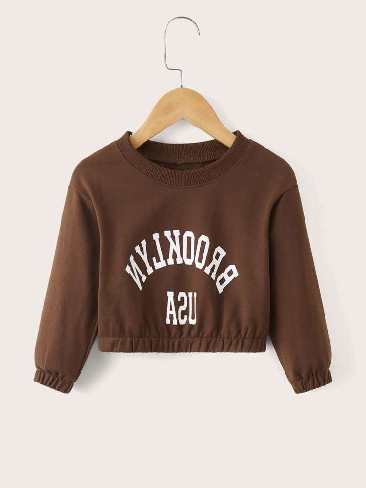 Coffee Brown Letter Regular Fit Casual Toddler Girl Sweatshirts 1808