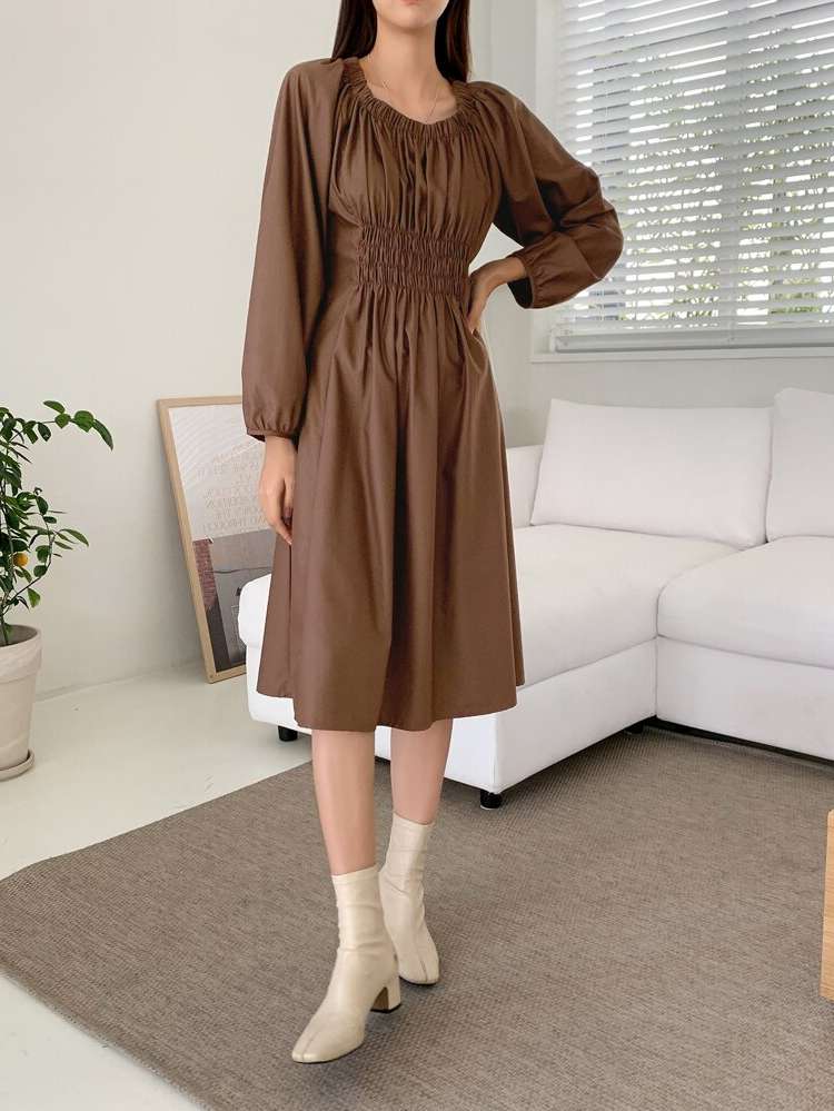 Coffee Brown Casual Regular Fit Ruched Women Dresses 7306