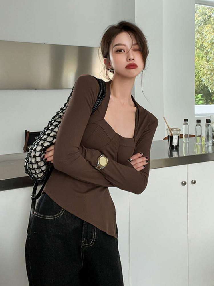 Regular Long Sleeve Square Neck Women Clothing 8576