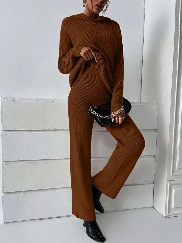  Coffee Brown Hooded Women Knitwear 1509