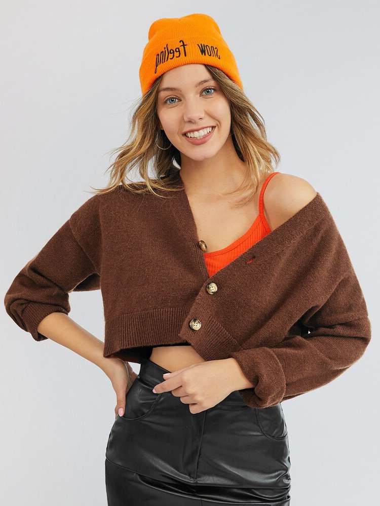 V neck Plain Coffee Brown Women Cardigans 895