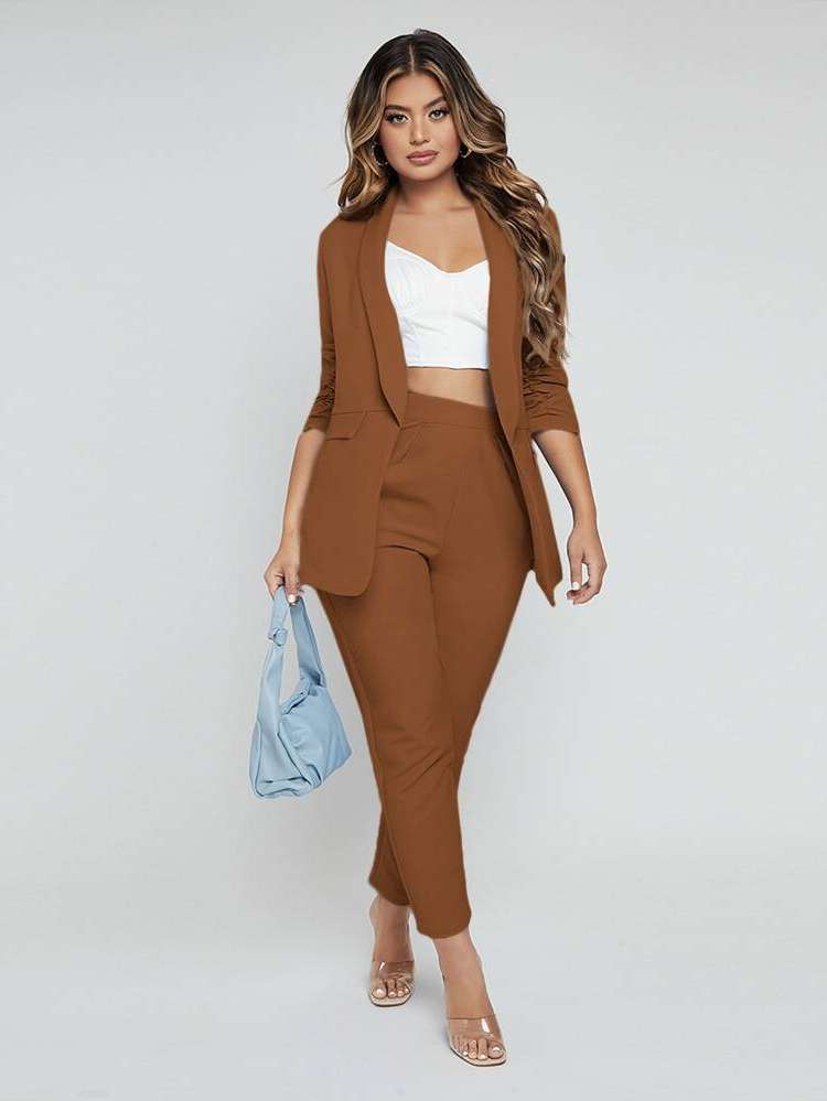 Coffee Brown Elegant Plain Zipper Women Suits 8522