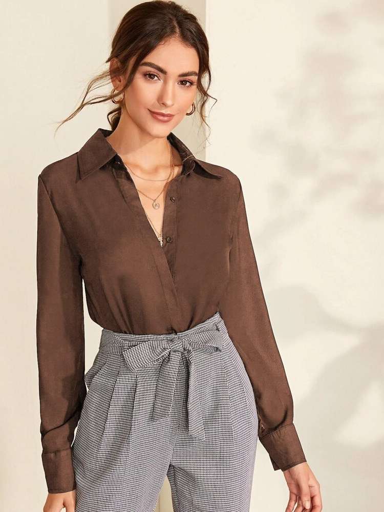 Button Front Coffee Brown Collar Women Blouses 916