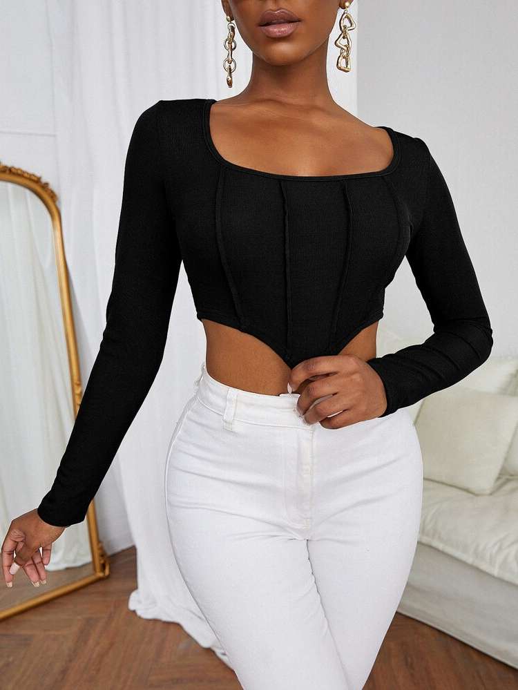 Long Sleeve Asymmetrical Square Neck Slim Fit Women Clothing 3016