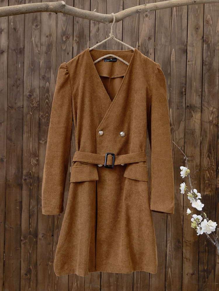 V neck Casual Long Sleeve Belted Women Coats 749