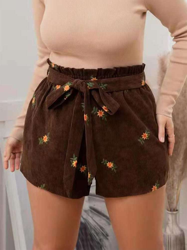  Belted Coffee Brown Loose Plus Size Bottoms 9941