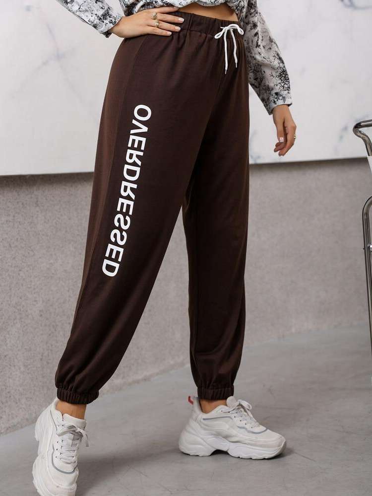 Regular Fit Letter Coffee Brown Plus Size Sweatpants 796