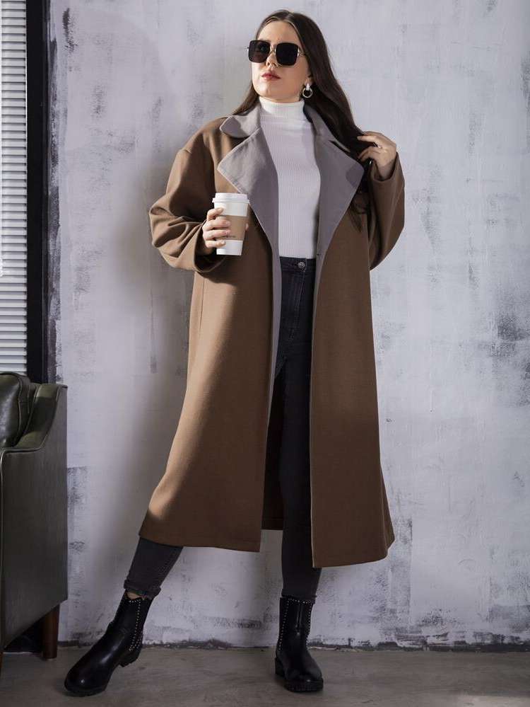 Casual Lapel Button Coffee Brown Plus Size Outerwears 773