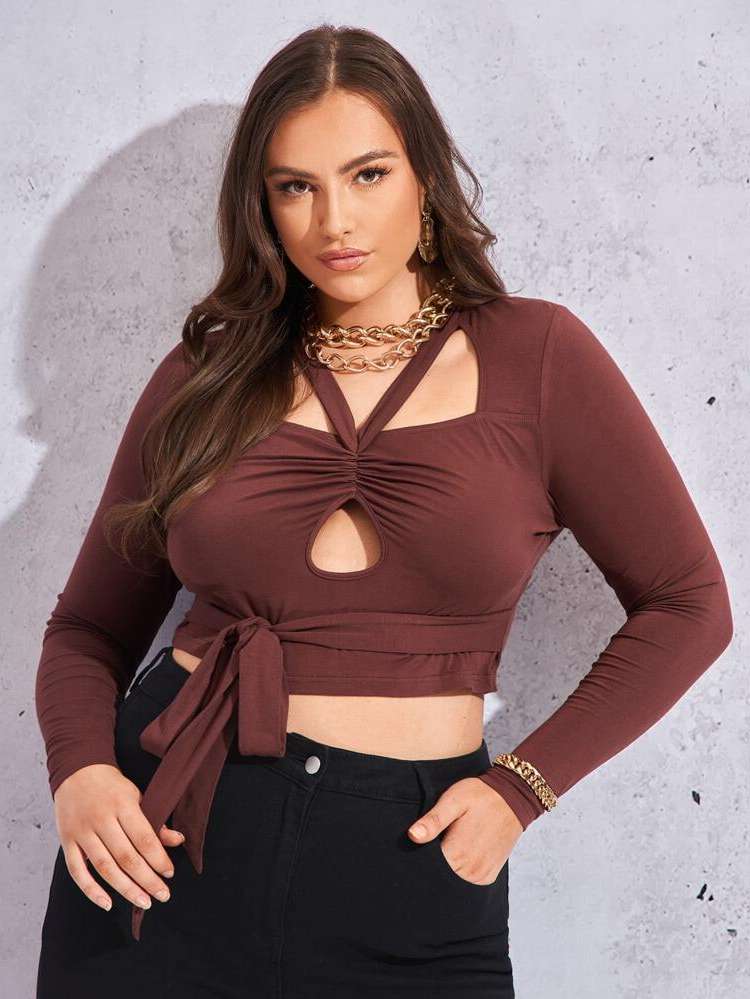 Slim Fit Coffee Brown Cut Out Plus Size Tops 921