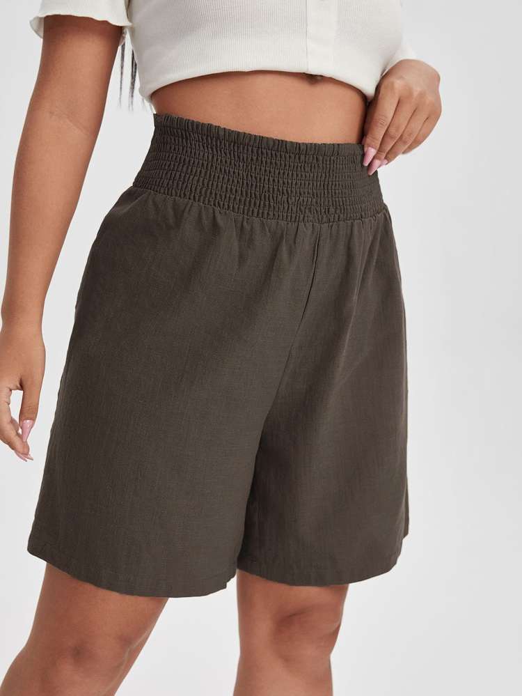  Coffee Brown Boho Shirred Plus Size Shorts 8728