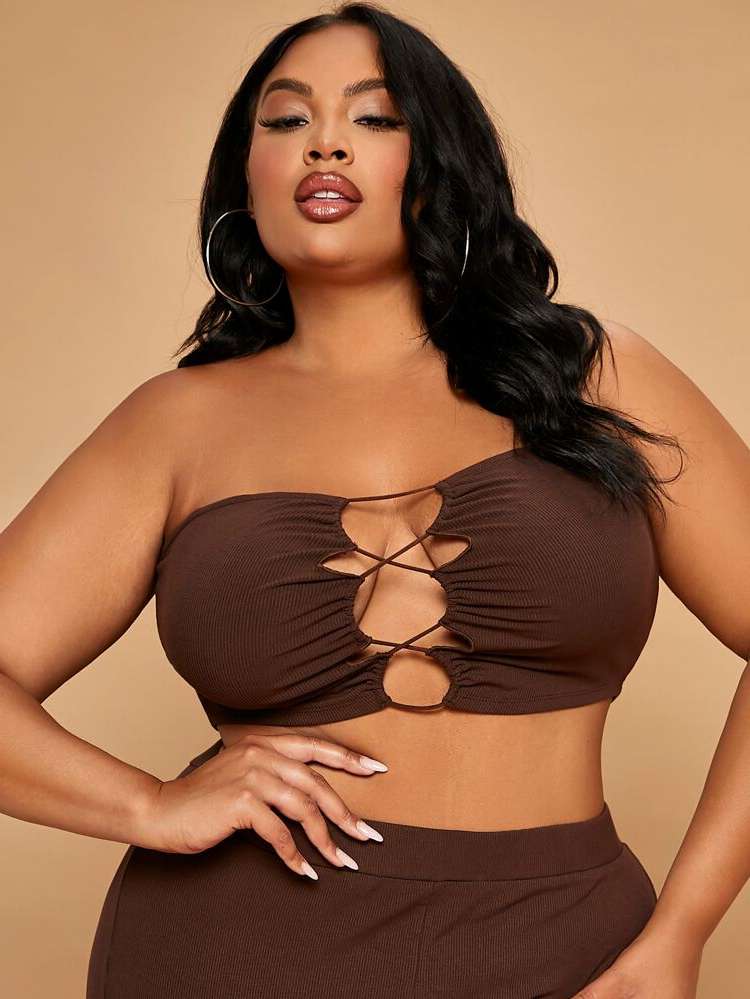 Coffee Brown Plain Strapless Women Plus Clothing 5093