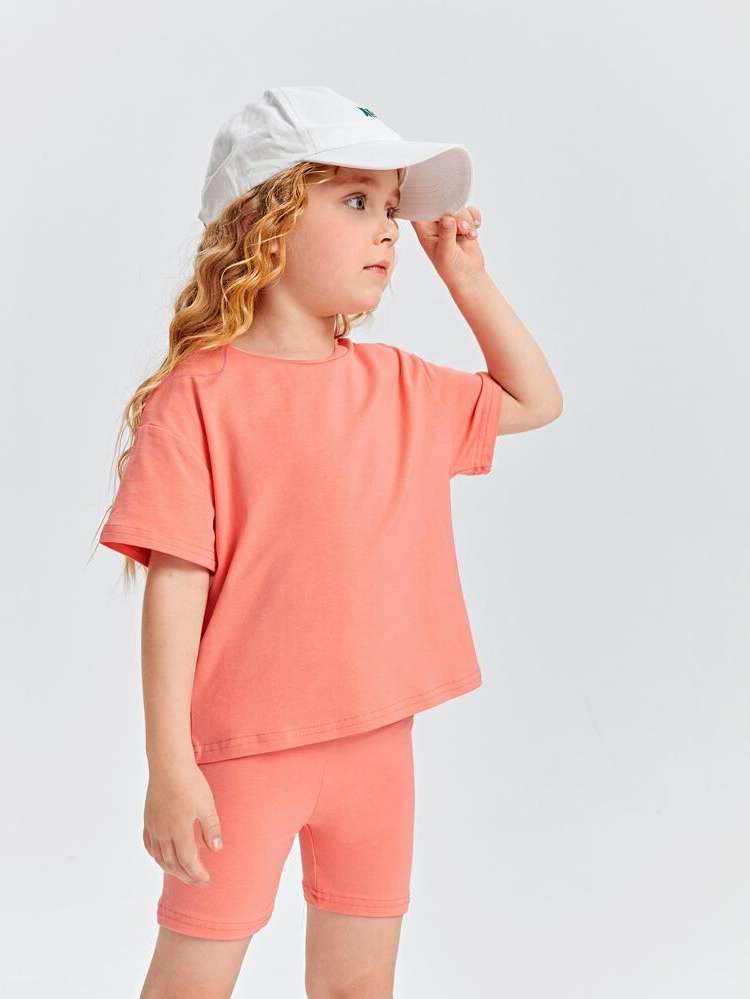 Casual Coral Orange Round Neck Toddler Girl Two-piece Outfits 2142