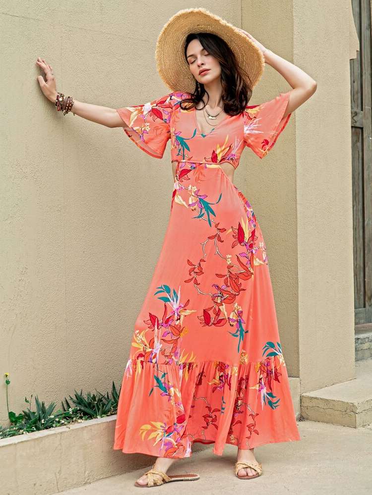 V neck Short Sleeve Maxi Backless Women Dresses 1210