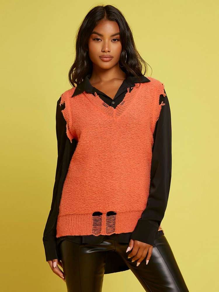  Regular Plain Ripped Women Sweater Vests 921