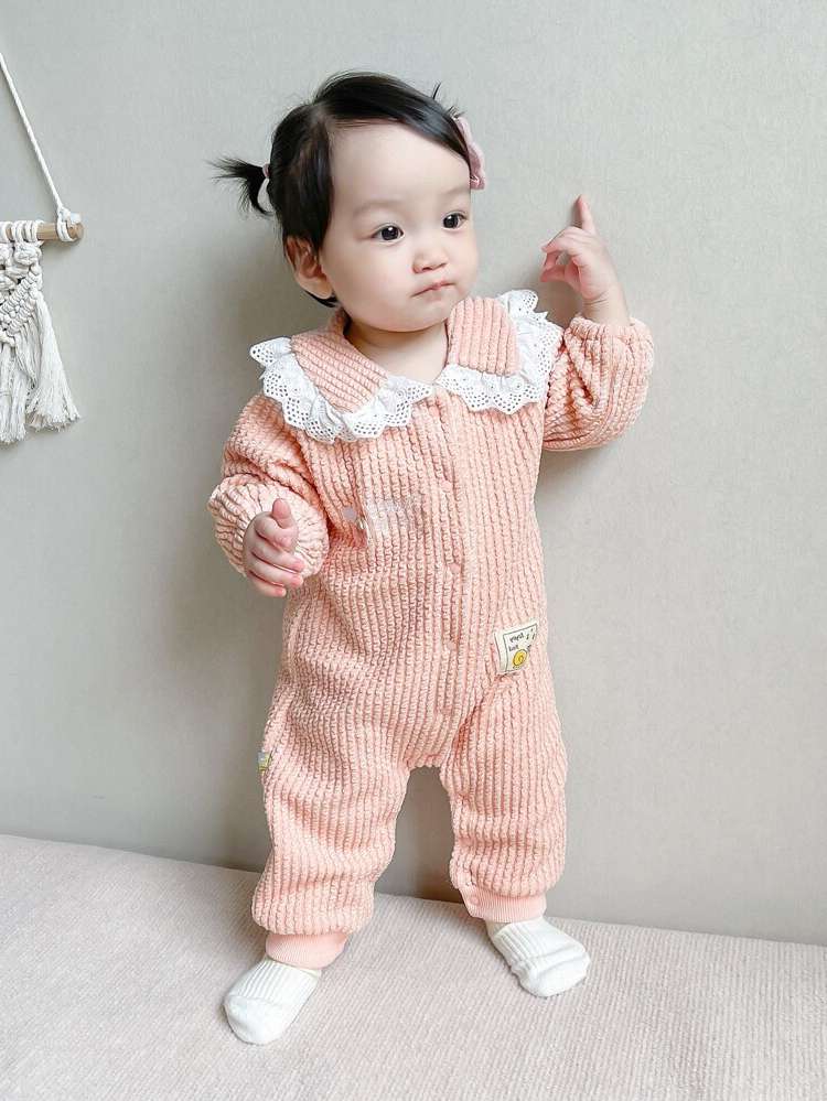 Fruit&Vegetable Coral Pink Peter Pan Collar Contrast Lace Baby Onesies 8713