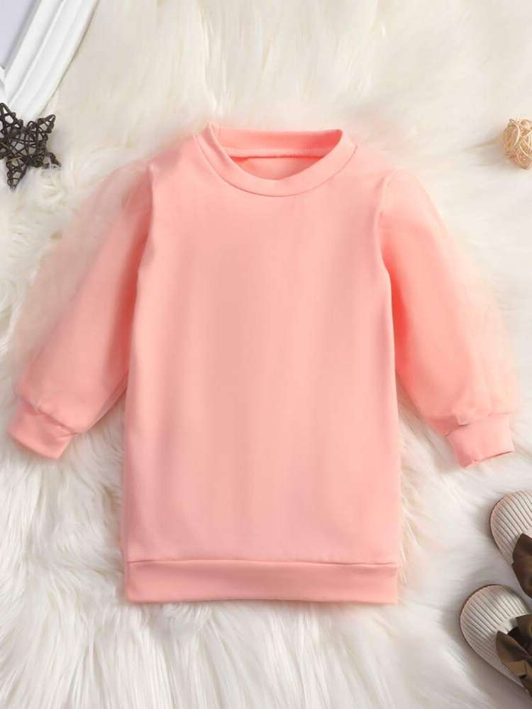 Coral Pink Long Sleeve Contrast Mesh Long Baby Sweatshirts 8578