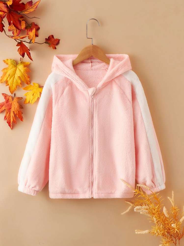 Regular Fit Zipper Coral Pink Hooded Kids Clothing 3073