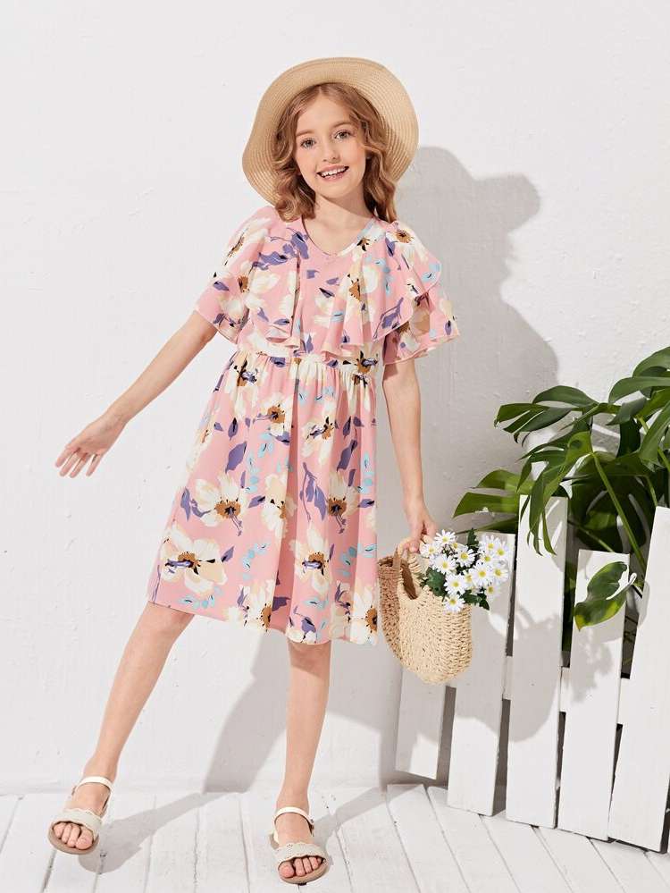 Floral V neck Knee Length Regular Fit Girls Dresses 830